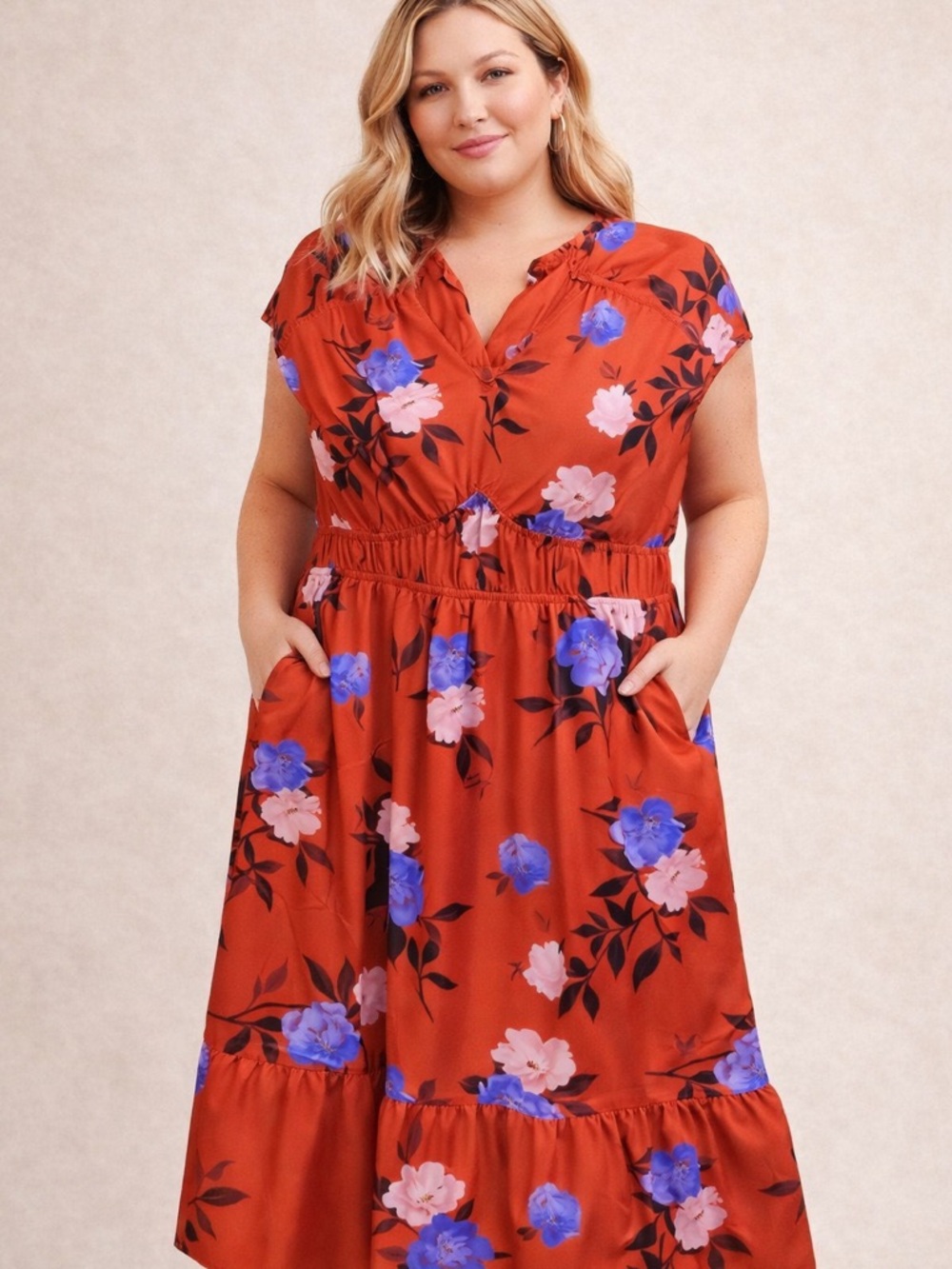 Floral Tiered Midi Dress in Rust with Blue & Pink Blooms